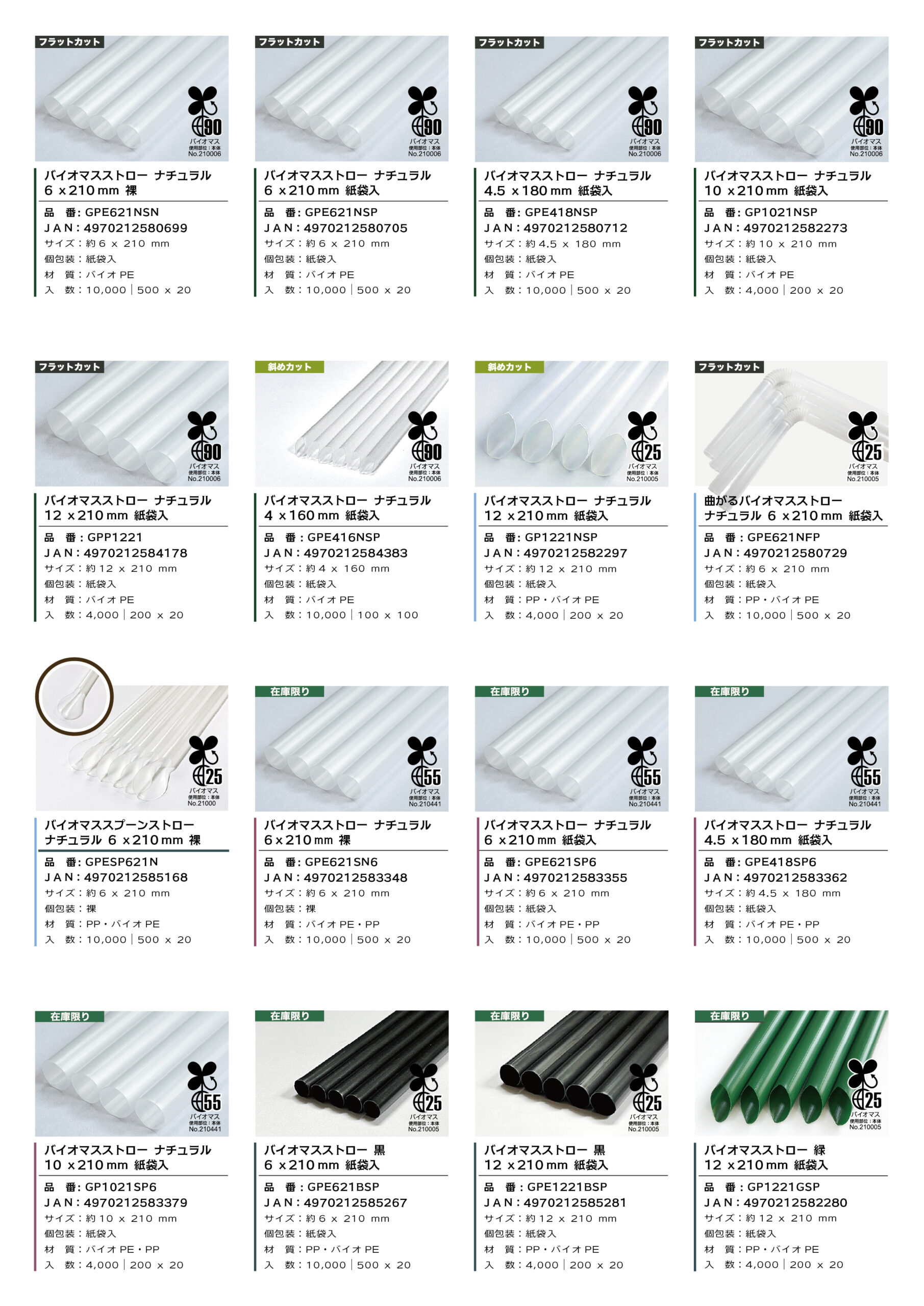 バイオマスストローの商品一覧と各商品の仕様を掲載した画像